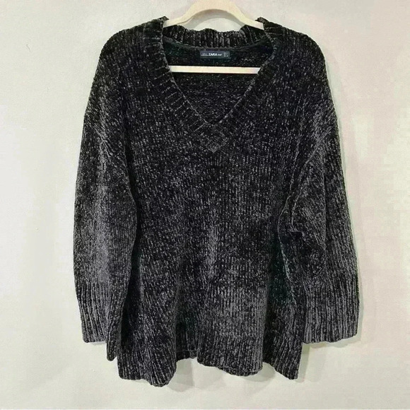 Zara Limited Edition Oversized V-Neck Velour Charcoal Sweater Women’s Size Large - Picture 1 of 4